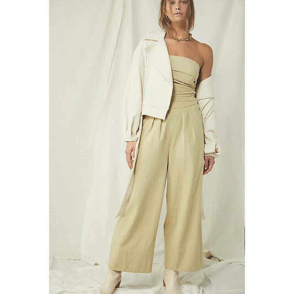 Free People Parchment Endless Summer Blake Smocked Strapless Crop Jumpsuit Sz Lg